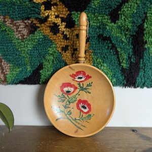 Vintage Hand Painted Wood Wall Hanging Bowl Japan Floral Poppy Folk Art